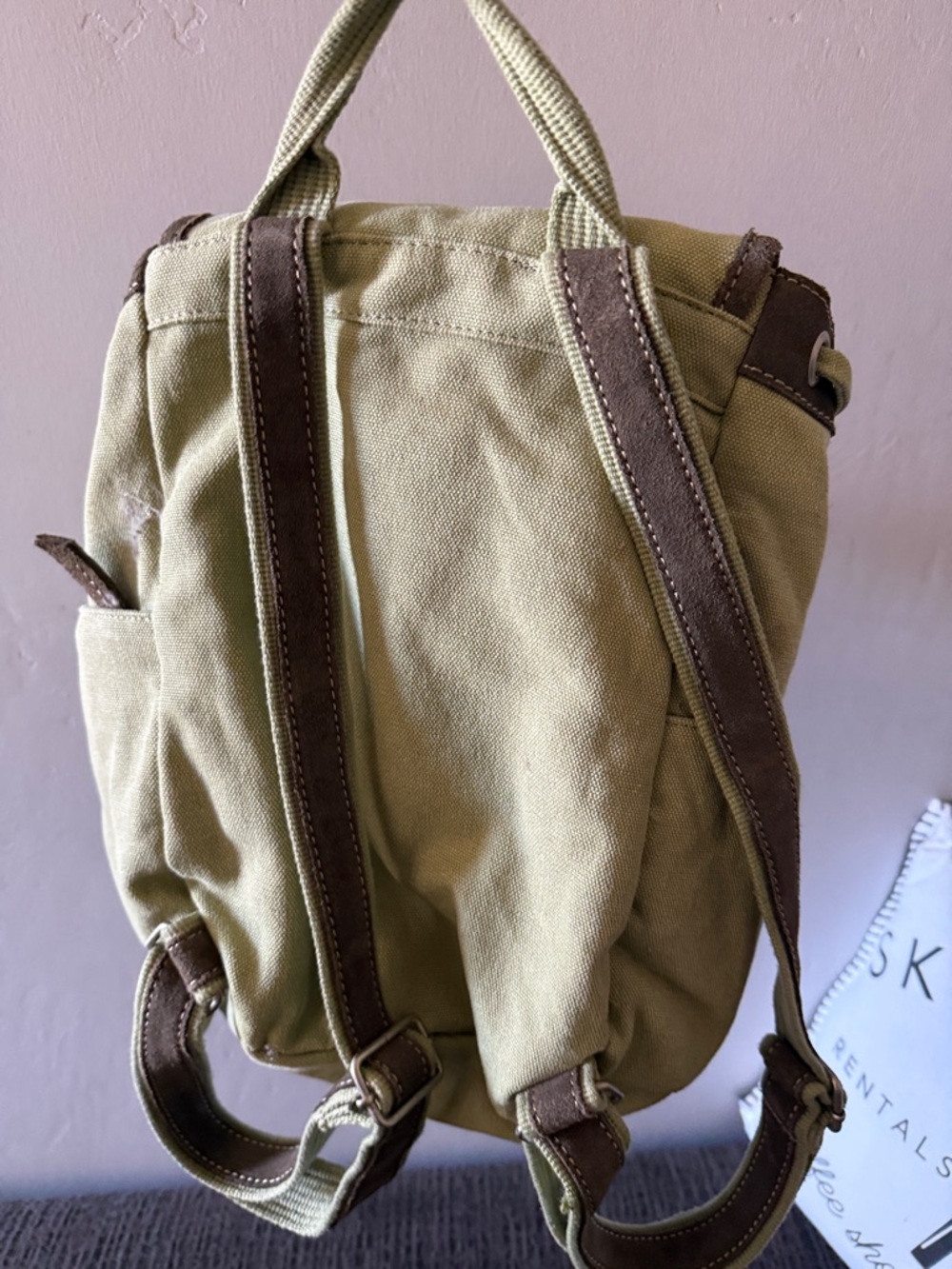 Sherpani Canvas Floral Accent Mini Backpack in Olive Green with Brown Trim - Picture 7 of 7